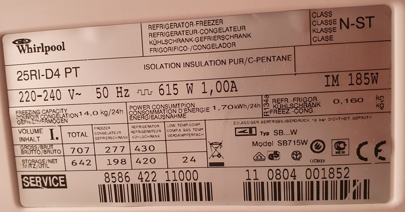 Primer nalepke Whirlpool za ameriški hladilnik