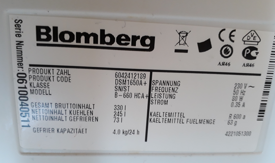 Primer nalepke Blomberg za hladilnik