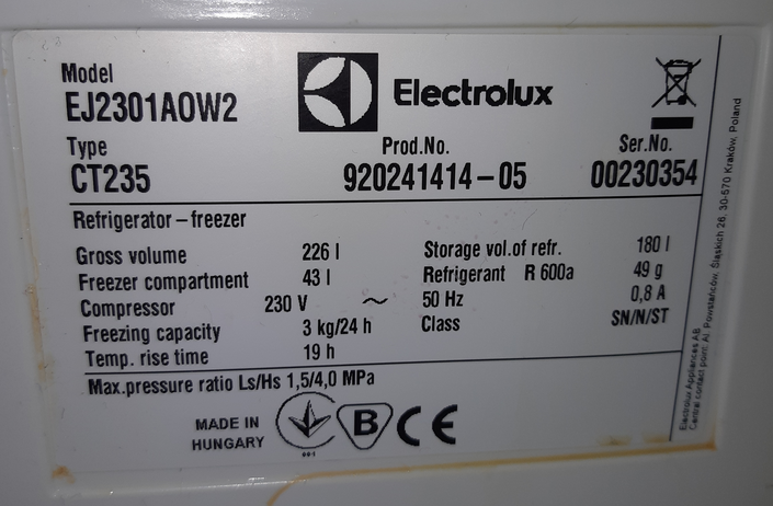 Primer nalepke Electrolux za hladilnik