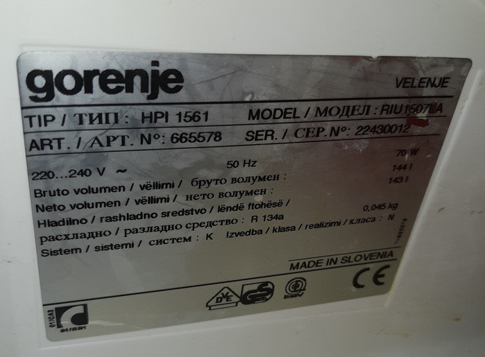 Primer nalepke Gorenje za hladilnik