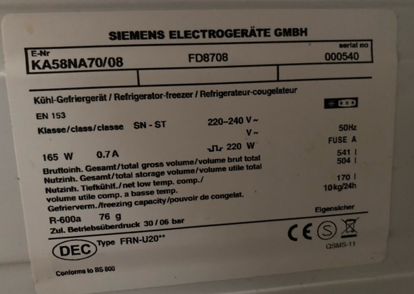 Primer nalepke Siemens za hladilnik