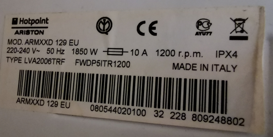Primer nalepke Ariston za pralni stroj