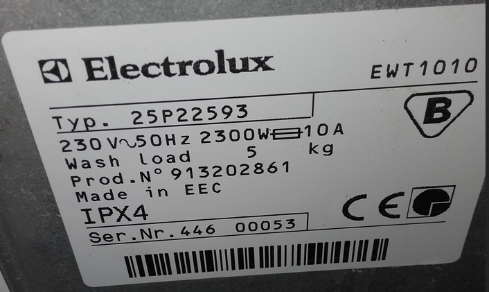 Primer nalepke Electrolux za pralni stroj