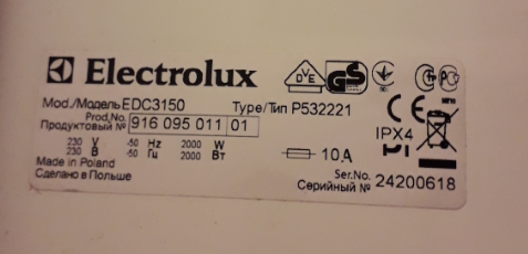 Primer nalepke Electrolux za sušilni stroj