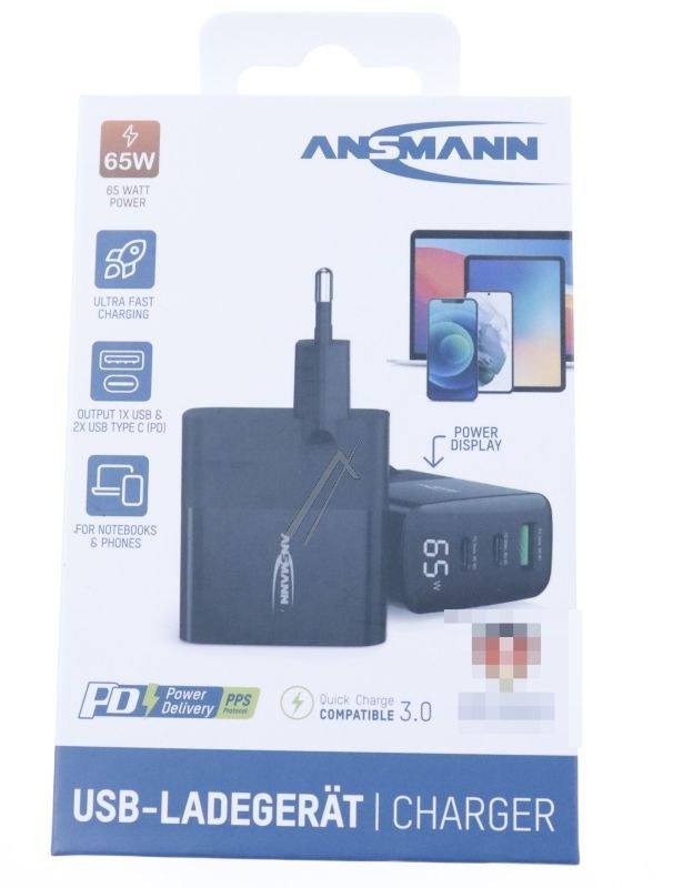 GaN polnilec 65W 2x USB-C 1x USB-A z zaslonom HC365PD | ANSMANN 10010150